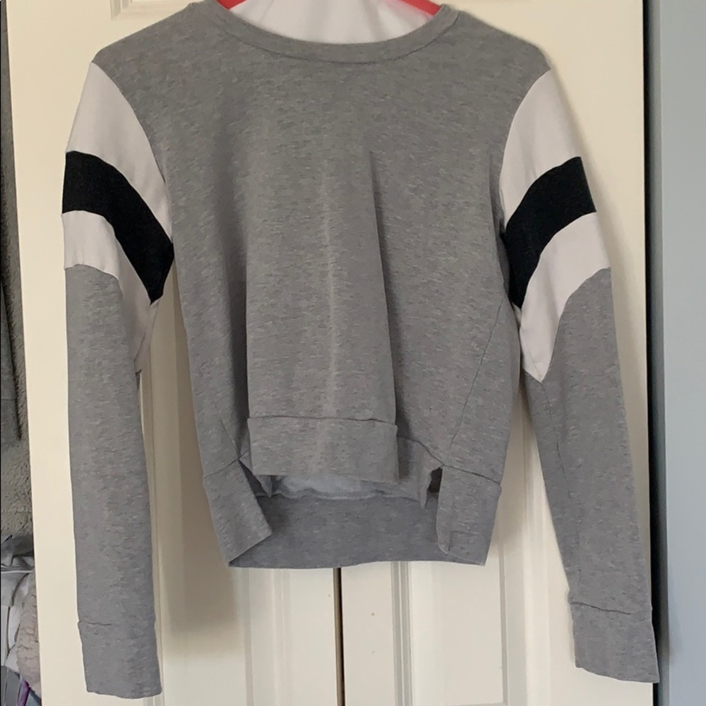 grey, black, and white long sleeve